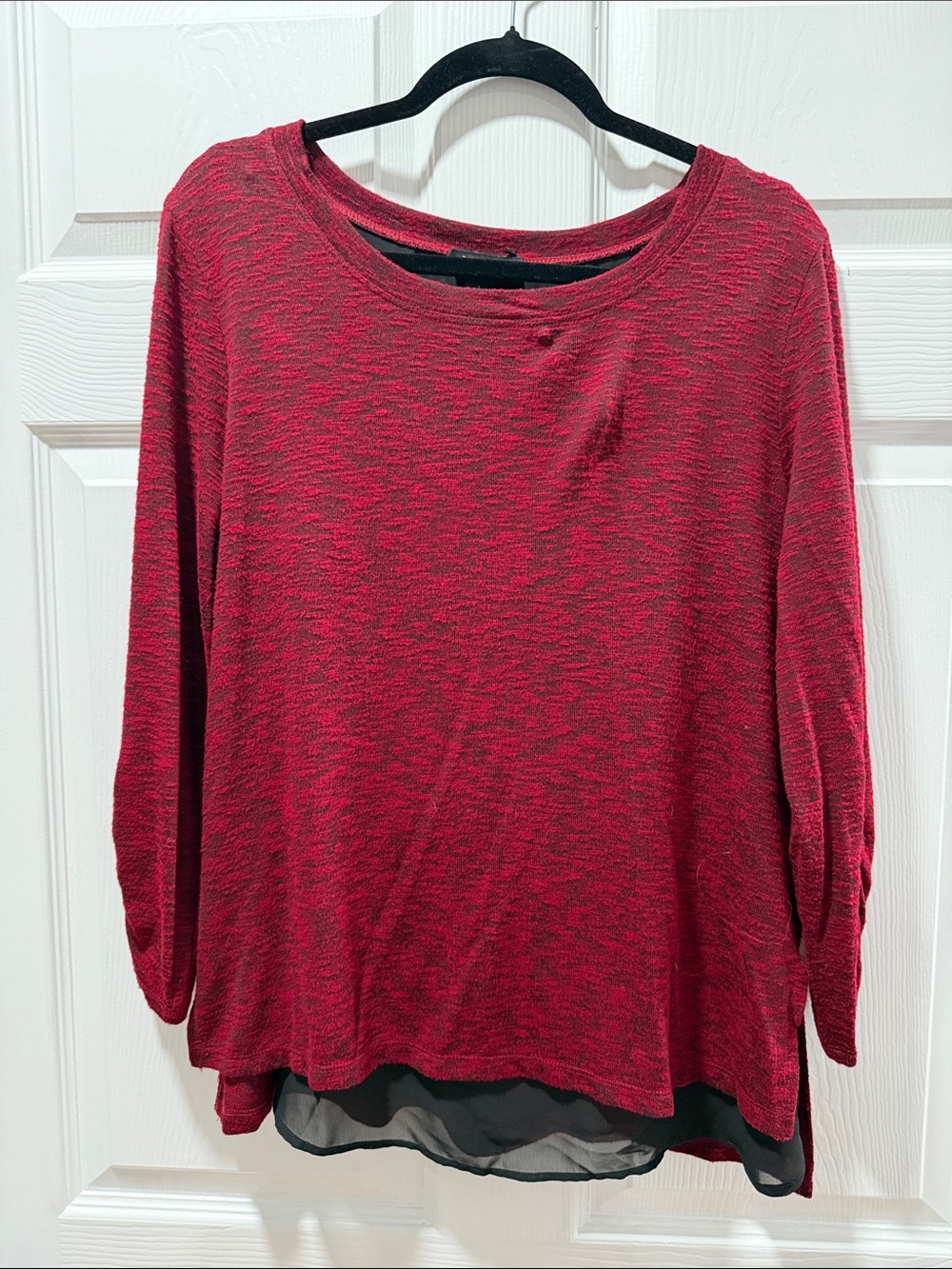 AB Studio Red Layered Knit Pullover with Black Chiffon Hem